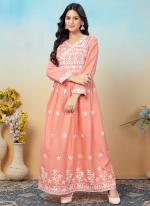 Rayon Peach Casual Wear Chikankari Embroidery Readymade Gown With Pant